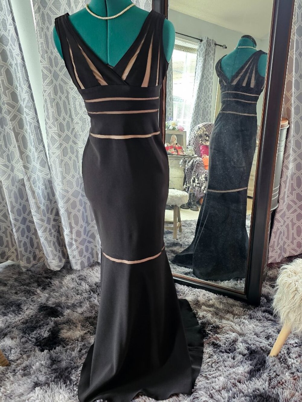 Caché Vintage Black Illusion Mesh Mermaid Gown, Size 2